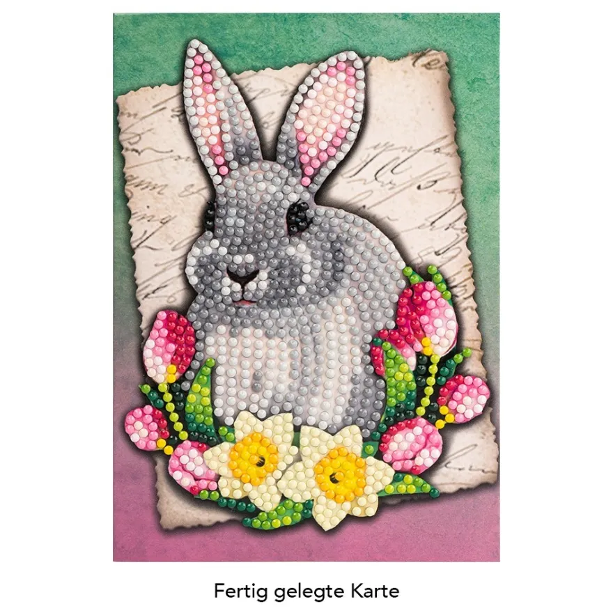 Diamond-Painting-Grußkarte, Hase mit Tulpen & Narzissen, 11,5cm x 16,5cm, inkl. Zubehör