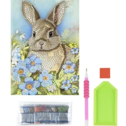 Diamond-Painting-Grußkarte, Hase mit blauen Blumen, 11,5cm x 16,5cm, inkl. Zubehör