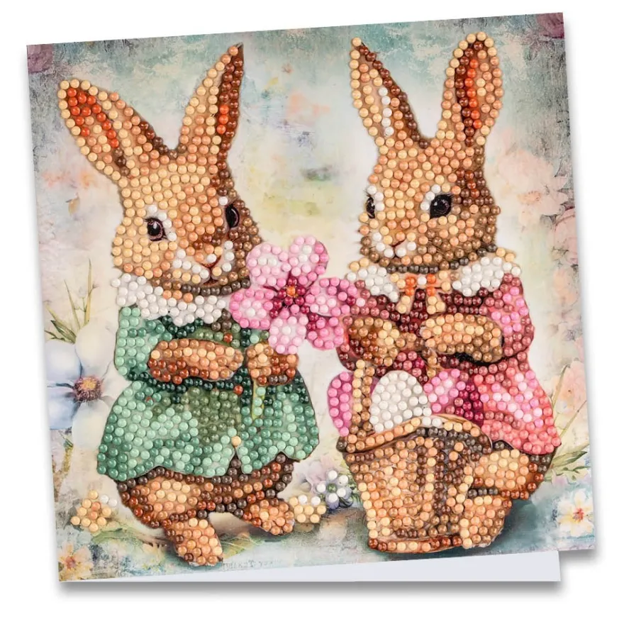 Diamond-Painting-Grußkarte, Hasenkinder mit Blume und Eiern, 16cm x 16cm, inkl. Zubehör