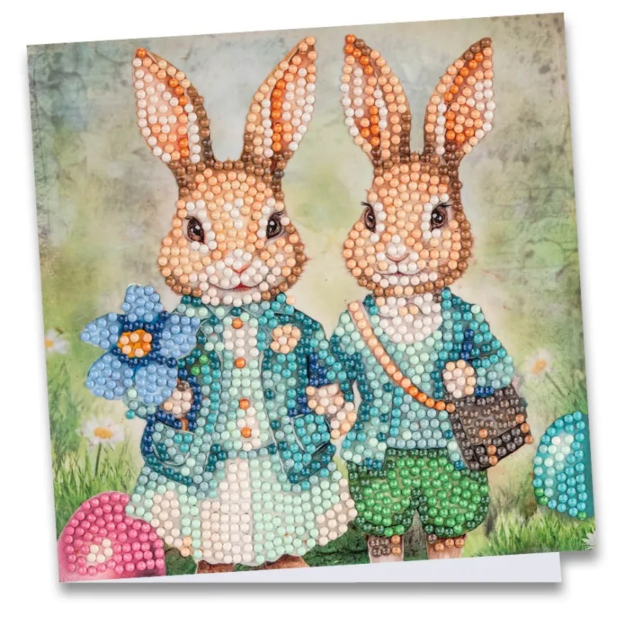 Diamond-Painting-Grußkarte, Hasenpärchen auf Blumenwiese, 16cm x 16cm, inkl. Zubehör