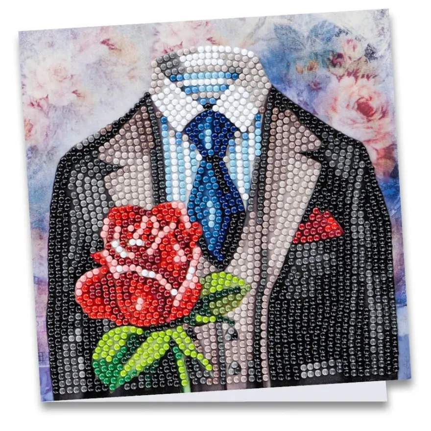 Diamond-Painting-Grußkarte, Herrenmotiv mit roter Rose, 16cm x 16cm, inkl. Zubehör