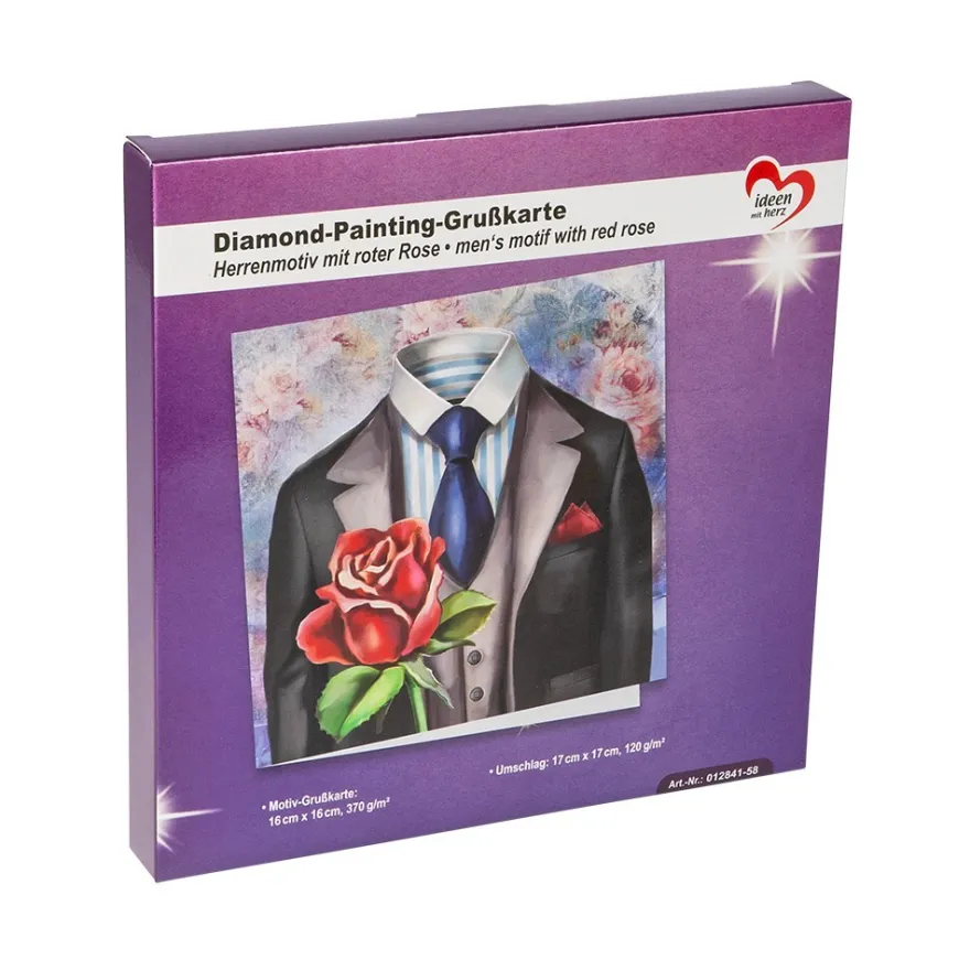 Diamond-Painting-Grußkarte, Herrenmotiv mit roter Rose, 16cm x 16cm, inkl. Zubehör