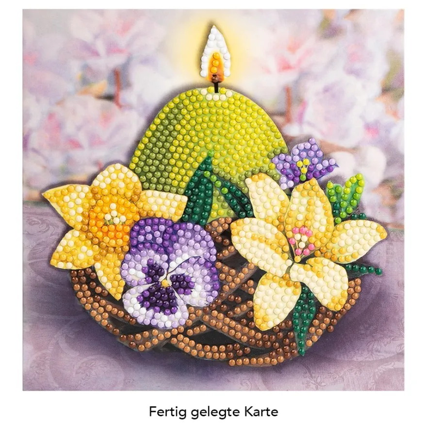 Diamond-Painting-Grußkarte, Kerze im Nest mit Blüten, 16cm x 16cm, inkl. Zubehör
