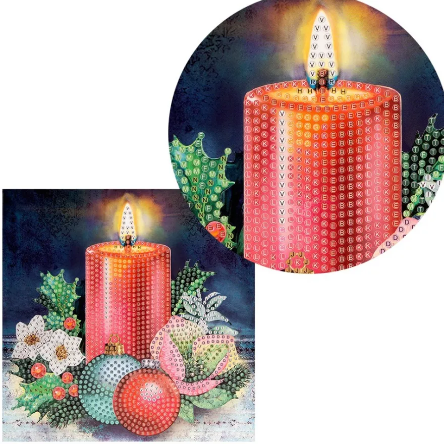 Diamond-Painting-Grußkarte, Kerze & Weihnachtskugeln 3, 16cm x 16cm, inkl. Zubehör