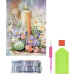 Diamond-Painting-Grußkarte, Kerze mit Blumen&Eiern, 11,5cm x 16,5cm, inkl. Zubehör