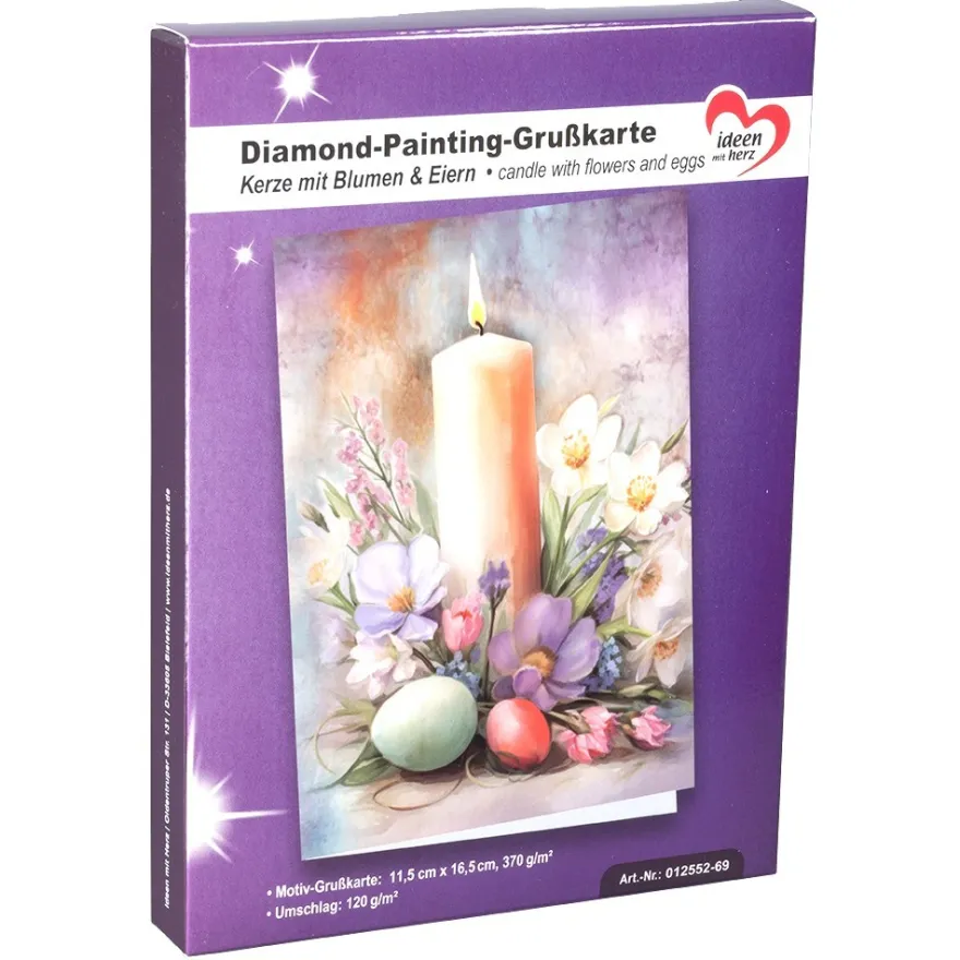 Diamond-Painting-Grußkarte, Kerze mit Blumen&Eiern, 11,5cm x 16,5cm, inkl. Zubehör