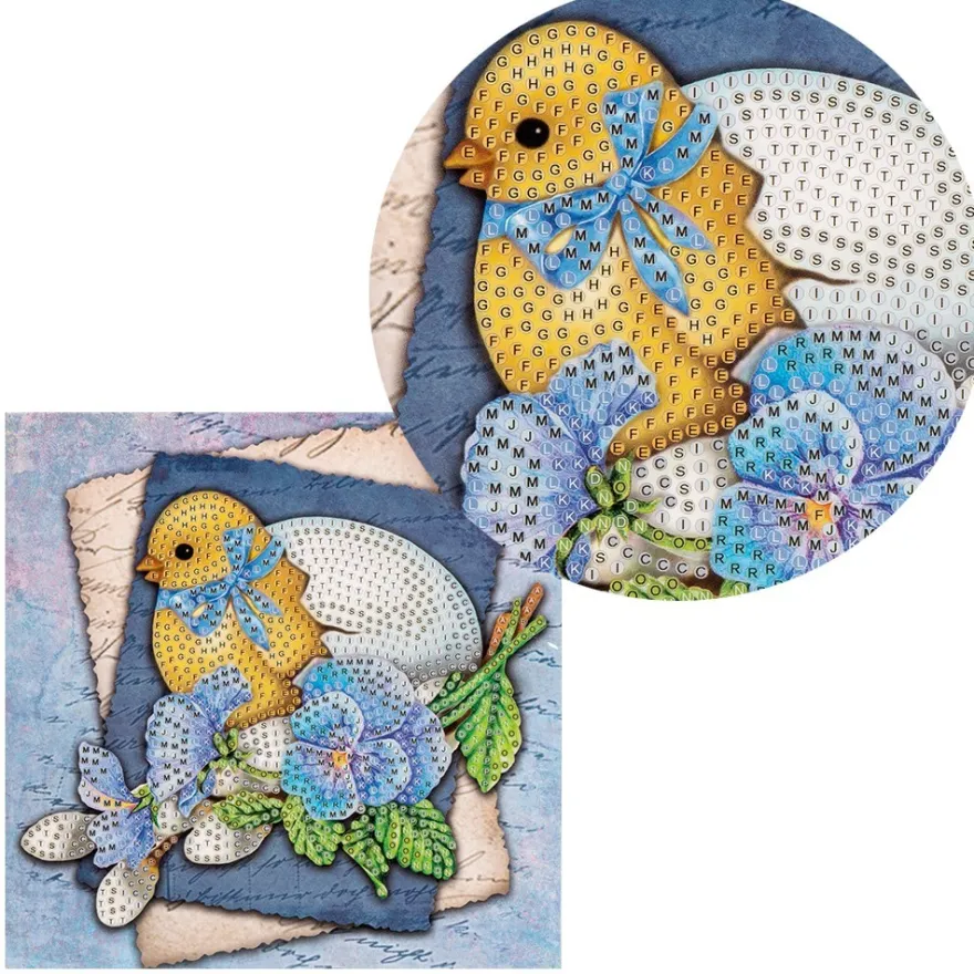 Diamond-Painting-Grußkarte, Küken mit Ei und blauen Blüten, 16cm x 16cm, inkl. Zubehör