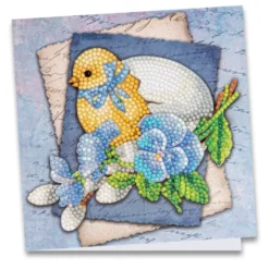 Diamond-Painting-Grußkarte, Küken mit Ei und blauen Blüten, 16cm x 16cm, inkl. Zubehör