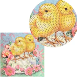 Diamond-Painting-Grußkarte, Küken mit pinkfarbenen Blüten, 16cm x 16cm, inkl. Zubehör