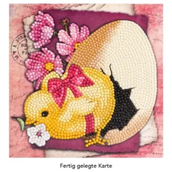 Diamond-Painting-Grußkarte, Küken mit Ei & fuchsiafarbenen Blüten, 16cm x 16cm, inkl. Zubehör