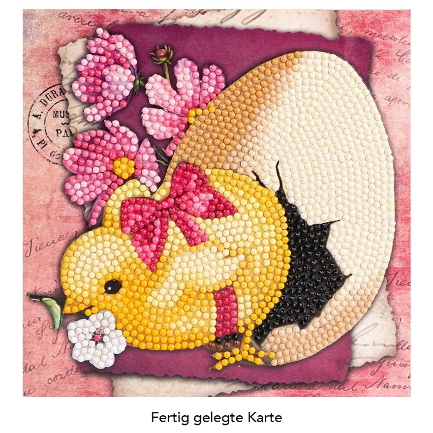 Diamond-Painting-Grußkarte, Küken mit Ei & fuchsiafarbenen Blüten, 16cm x 16cm, inkl. Zubehör