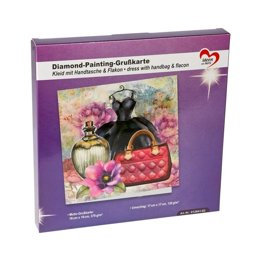 Diamond-Painting-Grußkarte, Kleid mit Handtasche & Flakon, 16cm x 16cm, inkl. Zubehör