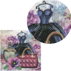 Diamond-Painting-Grußkarte, Kleid mit Handtasche & Flakon, 16cm x 16cm, inkl. Zubehör