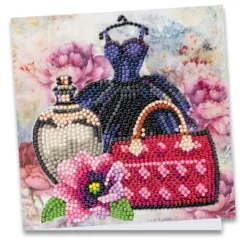 Diamond-Painting-Grußkarte, Kleid mit Handtasche & Flakon, 16cm x 16cm, inkl. Zubehör