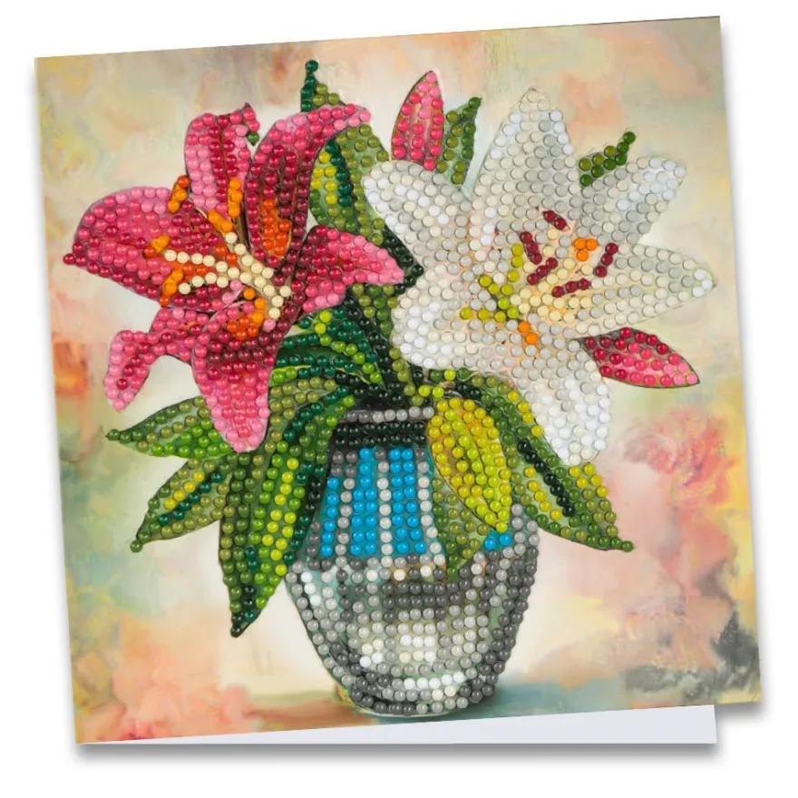 Diamond-Painting-Grußkarte, Lilien in Vase, 16cm x 16cm, inkl. Zubehör