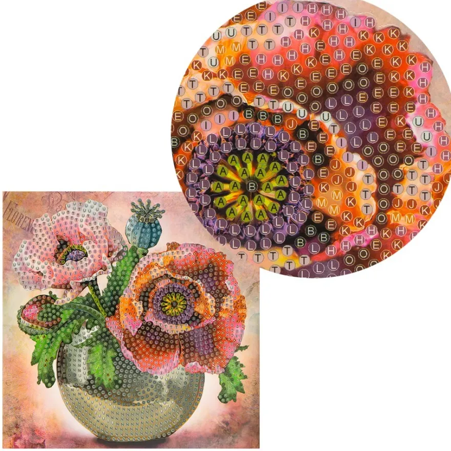 Diamond-Painting-Grußkarte, Mohn in Vase, 16cm x 16cm, inkl. Zubehör