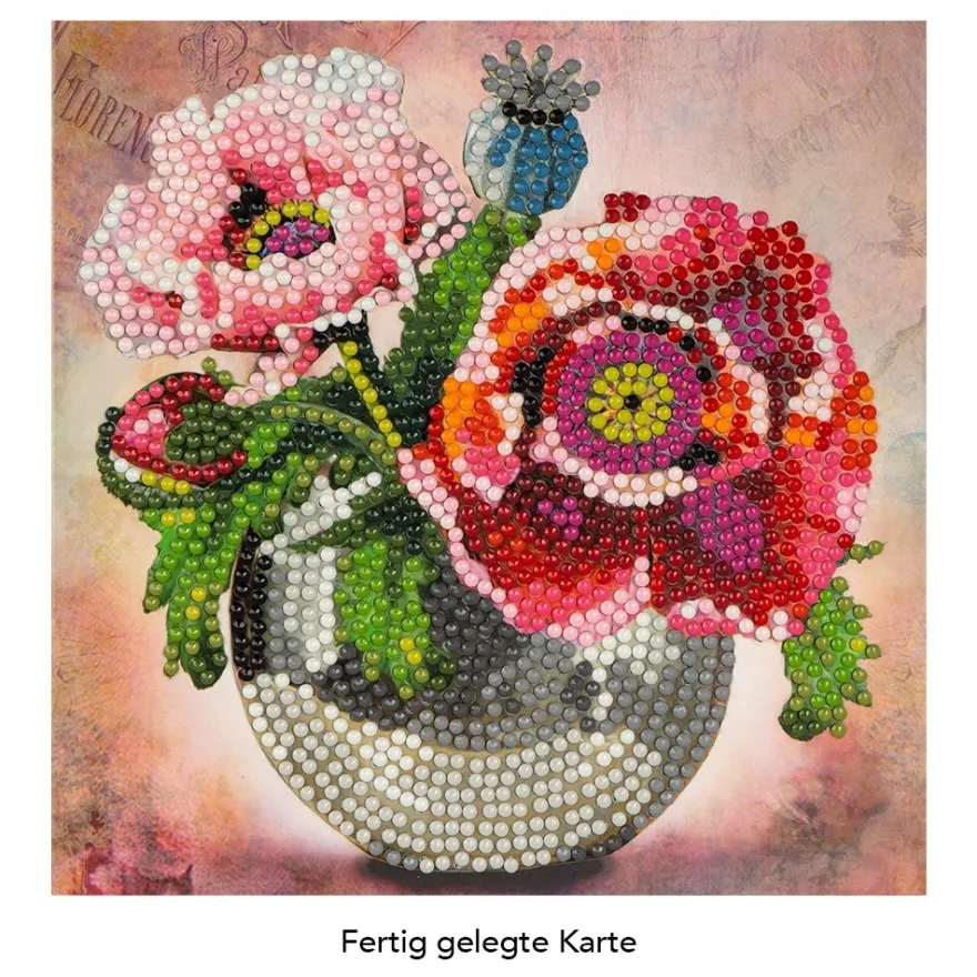 Diamond-Painting-Grußkarte, Mohn in Vase, 16cm x 16cm, inkl. Zubehör