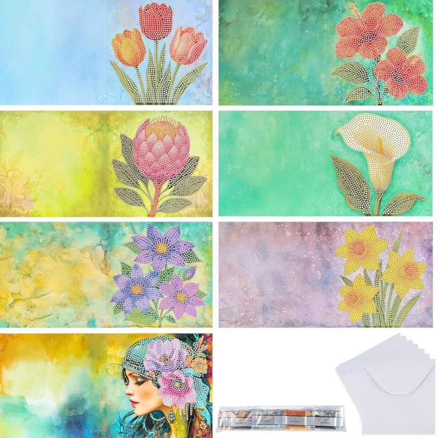 Diamond-Painting-Grußkarten, Blumen, je 16cm x 16cm, inkl. Umschläge, 7 Stück
