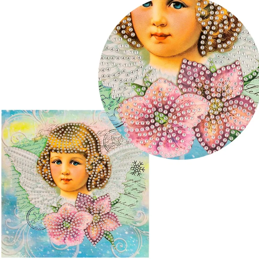 Diamond-Painting-Grußkarte, Nostalgischer Engel, 16cm x 16cm, inkl. Zubehör