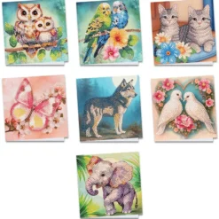 Diamond-Painting-Grußkarten, Tiere, je 16cm x 16cm, inkl. Umschläge, 7 Stück