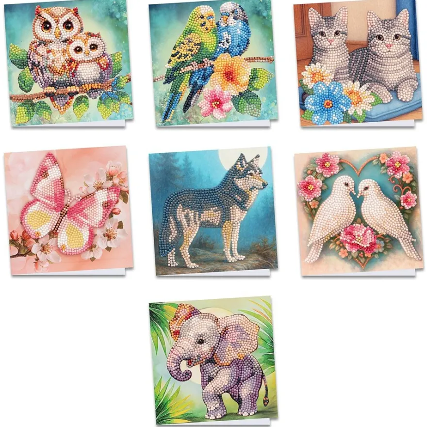 Diamond-Painting-Grußkarten, Tiere, je 16cm x 16cm, inkl. Umschläge, 7 Stück