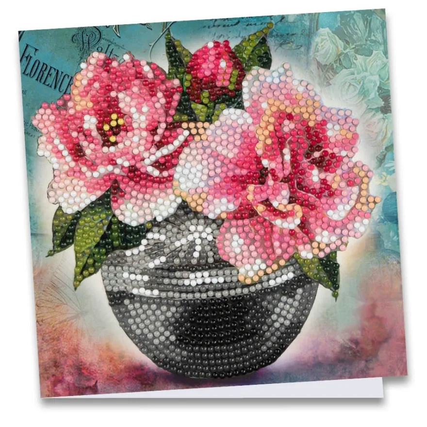 Diamond-Painting-Grußkarte, Pfingstrosen in Vase, 16cm x 16cm, inkl. Zubehör