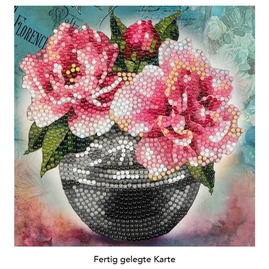 Diamond-Painting-Grußkarte, Pfingstrosen in Vase, 16cm x 16cm, inkl. Zubehör