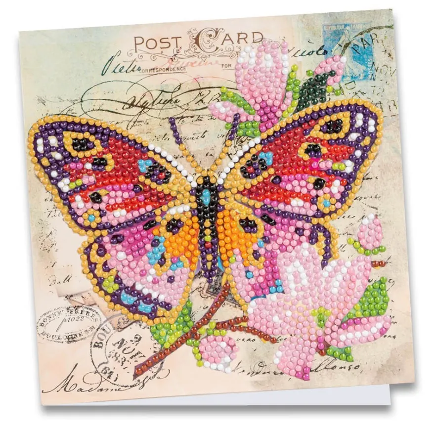 Diamond-Painting-Grußkarte, Pinker Schmetterling mit Blüten, 16cm x 16cm, inkl. Zubehör