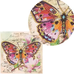 Diamond-Painting-Grußkarte, Pinker Schmetterling mit Blüten, 16cm x 16cm, inkl. Zubehör