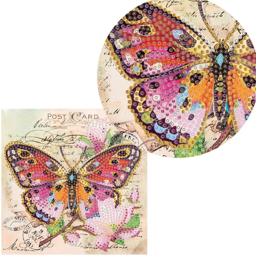 Diamond-Painting-Grußkarte, Pinker Schmetterling mit Blüten, 16cm x 16cm, inkl. Zubehör