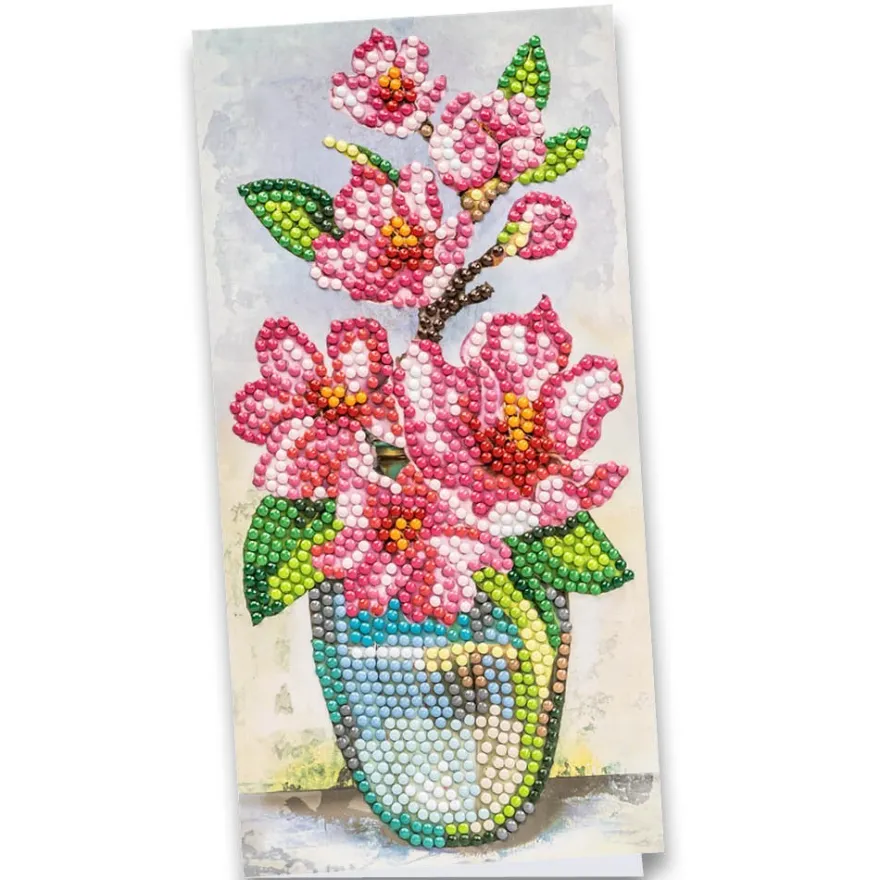Diamond-Painting-Grußkarte, Pinkfarbene Magnolien in Vase, 10,5cm x 21cm, inkl. Zubehör