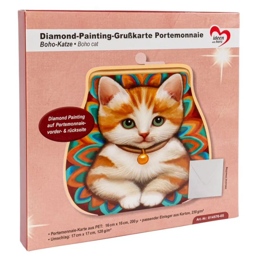 Diamond-Painting-Grußkarte Portemonnaie, Boho-Katze, Einleger & Umschlag