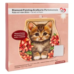 Diamond-Painting-Grußkarte Portemonnaie, Katze mit roten Blüten, inkl. Einleger & Umschlag