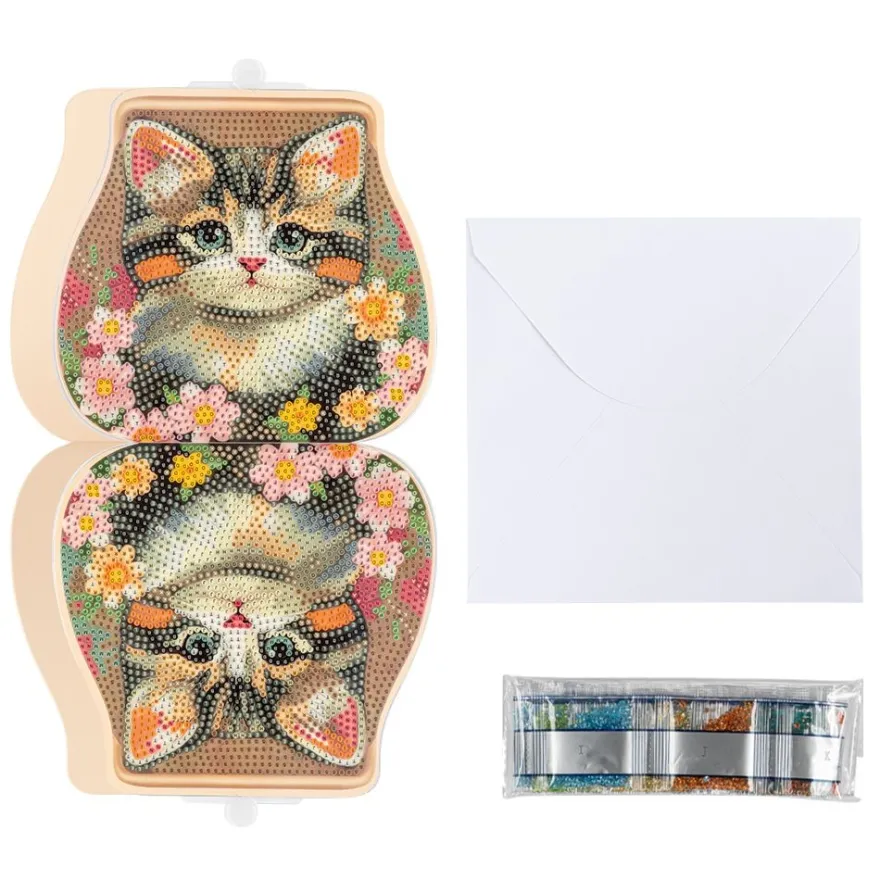 Diamond-Painting-Grußkarte Portemonnaie, Katze mit Blüten, inkl. Einleger & Umschlag