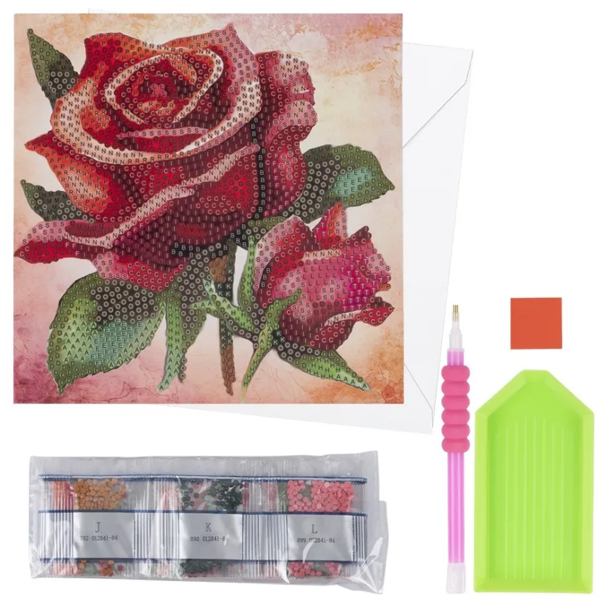 Diamond-Painting-Grußkarte, Rote Rosen, 16cm x 16cm, inkl. Zubehör