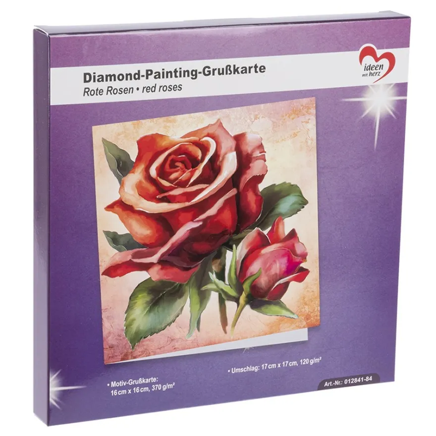 Diamond-Painting-Grußkarte, Rote Rosen, 16cm x 16cm, inkl. Zubehör