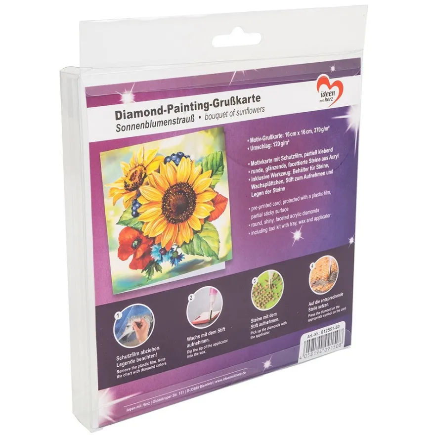Diamond-Painting-Grußkarte, Sonnenblumenstrauß, 16cm x 16cm, inkl. Zubehör