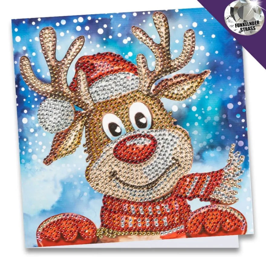 Diamond-Painting-Grußkarte, Strass, Rentier Rudolph, 16cm x 16cm, inkl. Zubehör