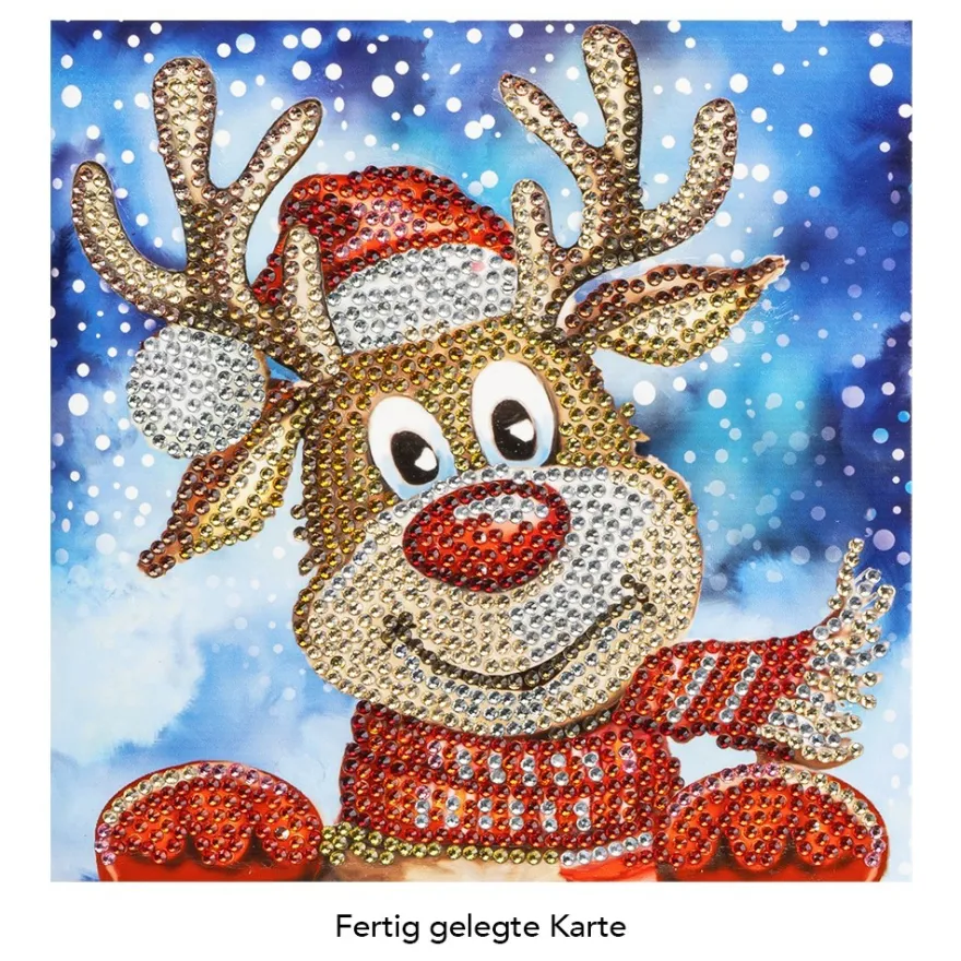 Diamond-Painting-Grußkarte, Strass, Rentier Rudolph, 16cm x 16cm, inkl. Zubehör