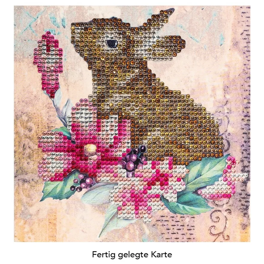 Diamond-Painting-Grußkarte, Strass, Hase & Blumen 1, 16cm x 16cm, inkl. Zubehör