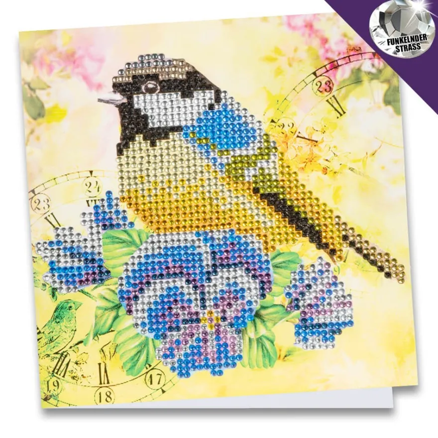 Diamond-Painting-Grußkarte, Strass, Vogel & Blumen 1, 16cm x 16cm, inkl. Zubehör