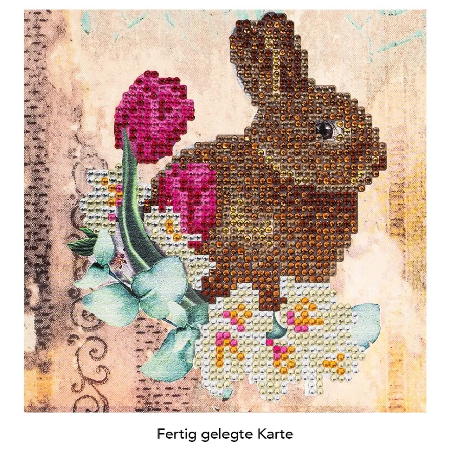 Diamond-Painting-Grußkarte, Strass, Hase & Blumen 2, 16cm x 16cm, inkl. Zubehör