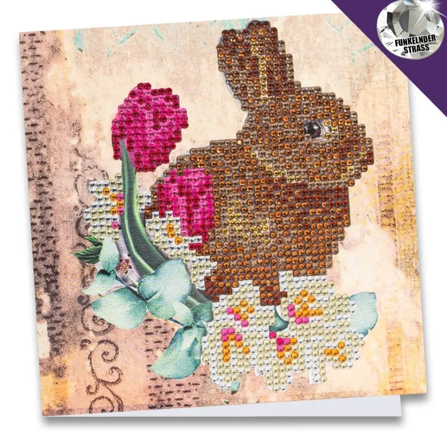 Diamond-Painting-Grußkarte, Strass, Hase & Blumen 2, 16cm x 16cm, inkl. Zubehör