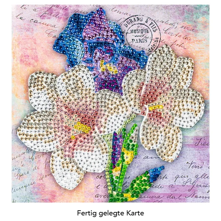 Diamond-Painting-Grußkarte, Strass, Lilien und Iris, 16cm x 16cm, inkl. Zubehör