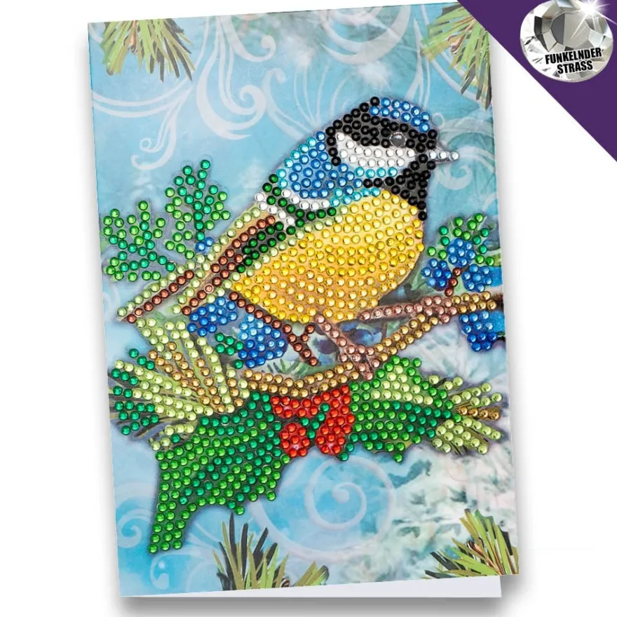 Diamond-Painting-Grußkarte, Strass, Kohlmeise auf Ast, 11,5cm x 16,5cm, inkl. Zubehör