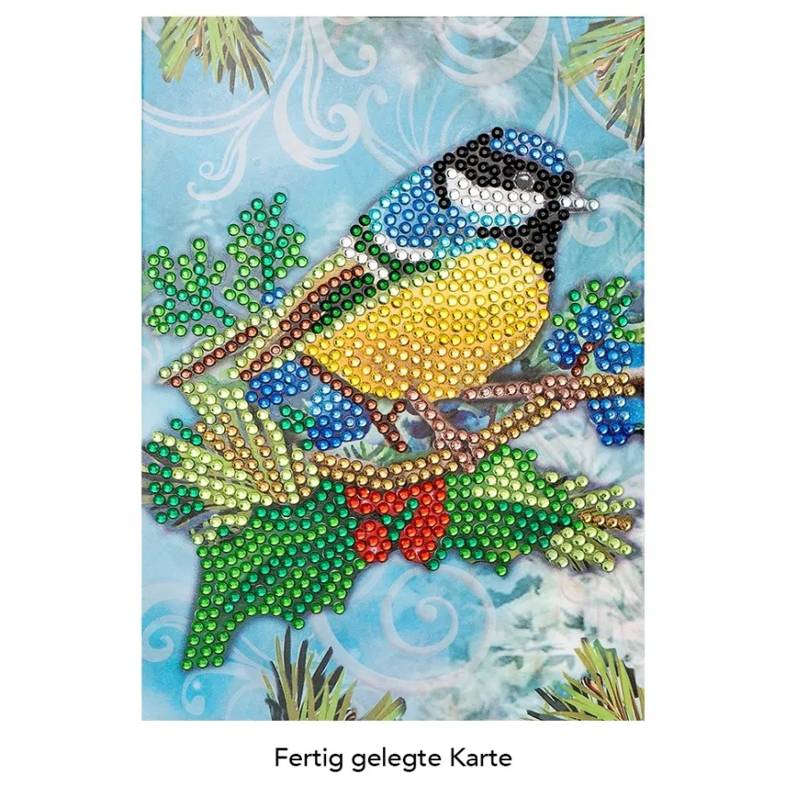Diamond-Painting-Grußkarte, Strass, Kohlmeise auf Ast, 11,5cm x 16,5cm, inkl. Zubehör