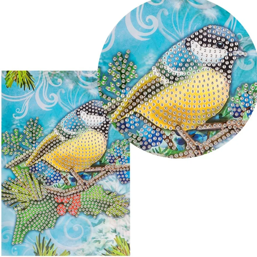 Diamond-Painting-Grußkarte, Strass, Kohlmeise auf Ast, 11,5cm x 16,5cm, inkl. Zubehör