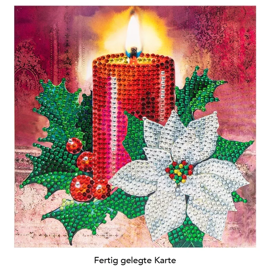 Diamond-Painting-Grußkarte, Strass, Kerze mit Weihnachtsstern, 16cm x 16cm, inkl. Zubehör