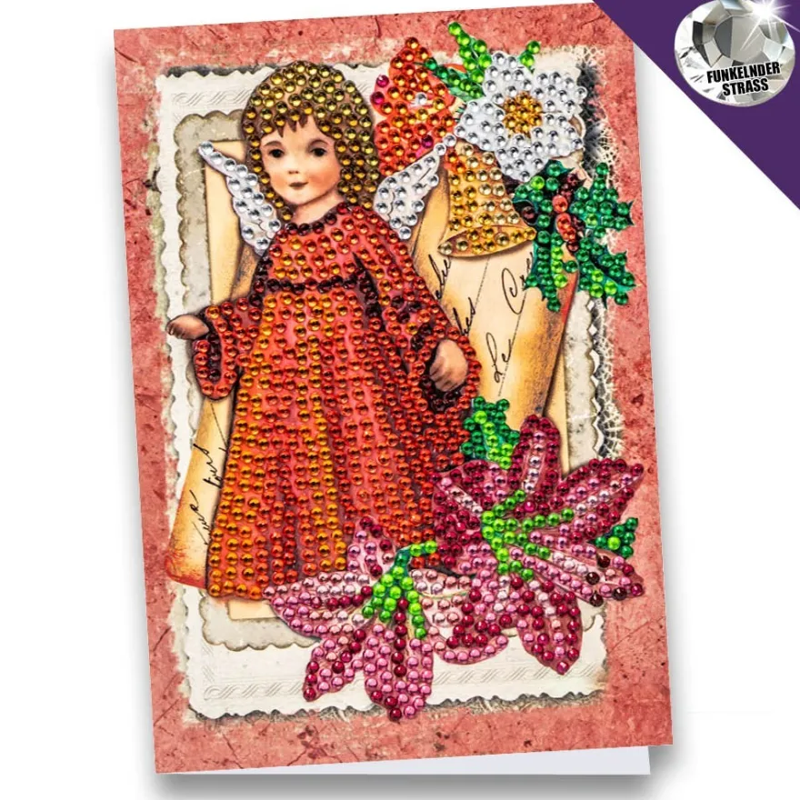 Diamond-Painting-Grußkarte, Strass, Engel mit Amaryllis, 11,5cm x 16,5cm, inkl. Zubehör