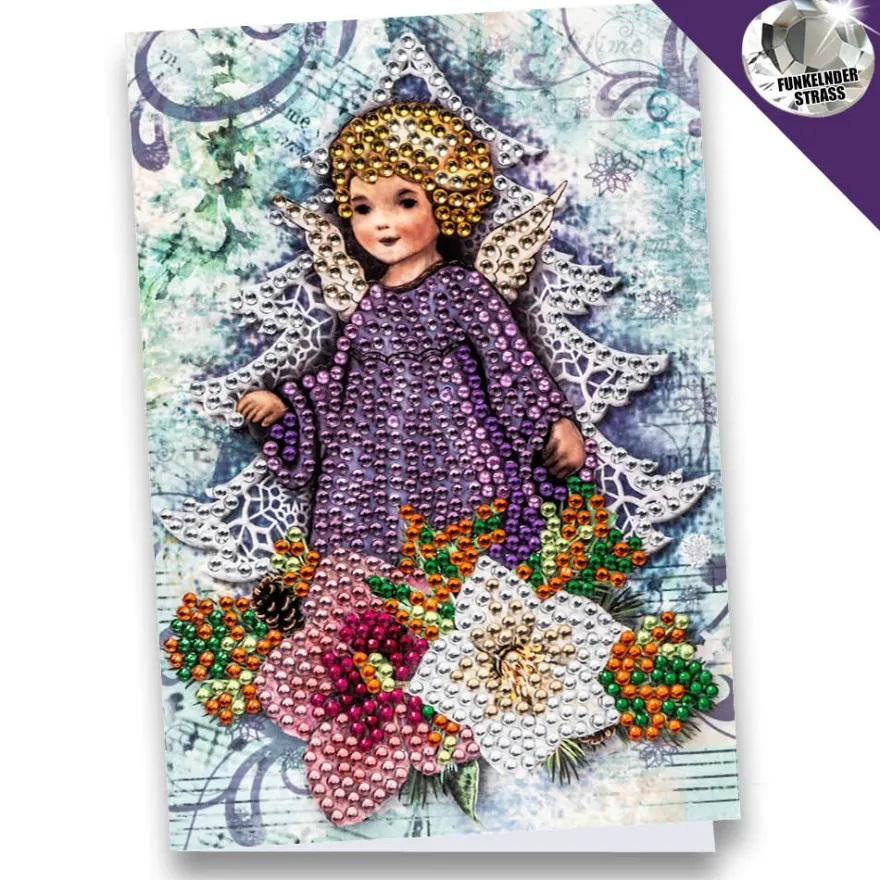 Diamond-Painting-Grußkarte, Strass, Engel mit Christrosen, 11,5cm x 16,5cm, inkl. Zubehör